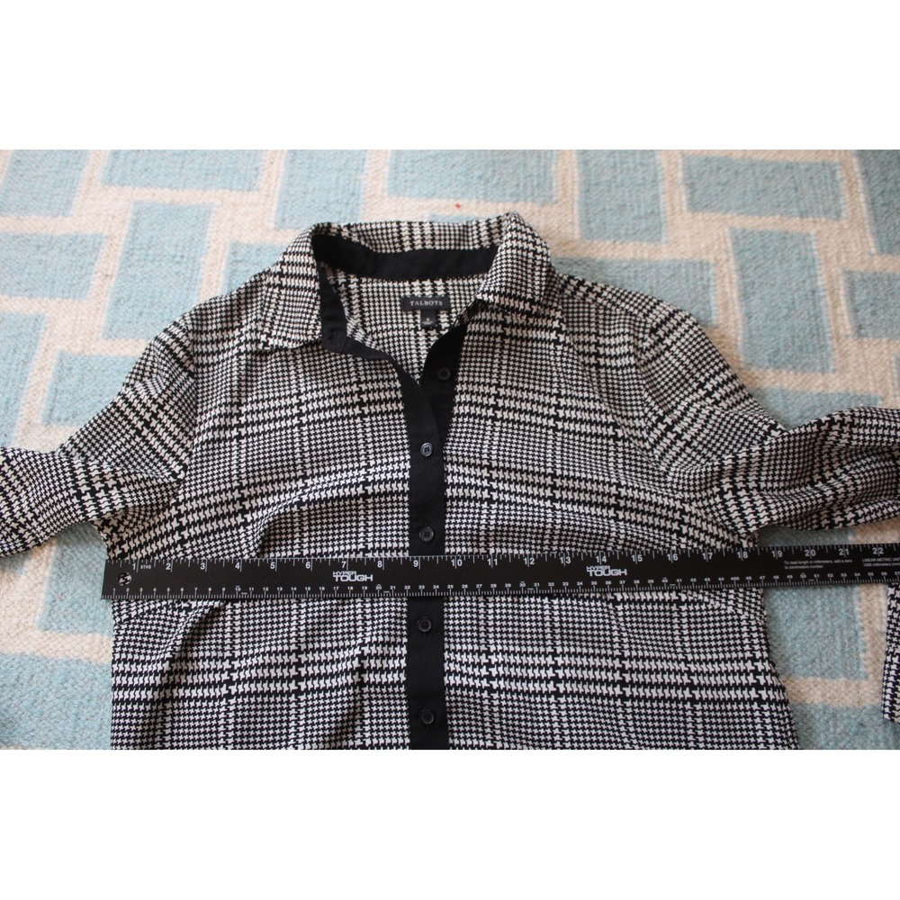Talbots Size S Black White Plaid Button Down Blouse Mixed Media Roll Tab Sleeve - Picture 7 of 8